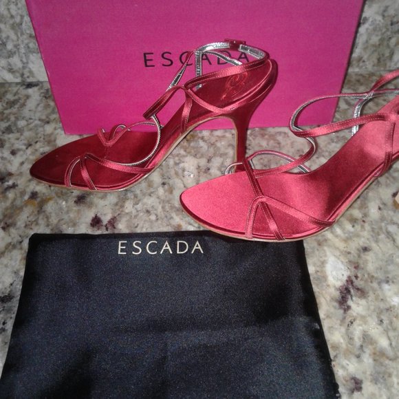 Escada Satin Red Ankle Sandals - Picture 2 of 6